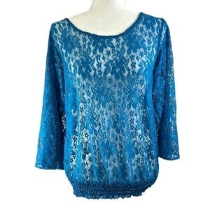 Annalee Hope Blue Lace Ruched Blouse Top Women's Medium
